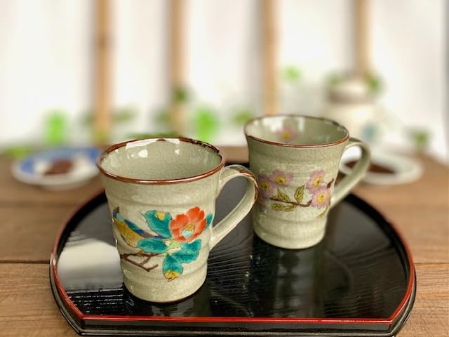Hyakkaen Kutani Yoshino třešňová kamélie s ptačí keramikou 190 ml 2 kusy [Pair Mug] & "Ura-e"