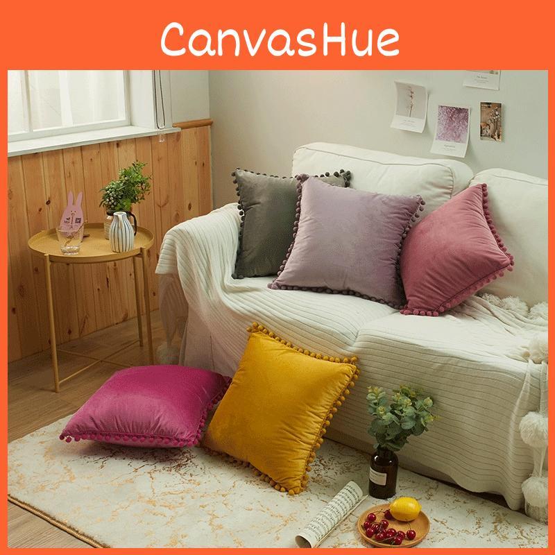Velvet Solid Dutch Color Pillow Cases Pompom Edging Cushion Cover Living Room