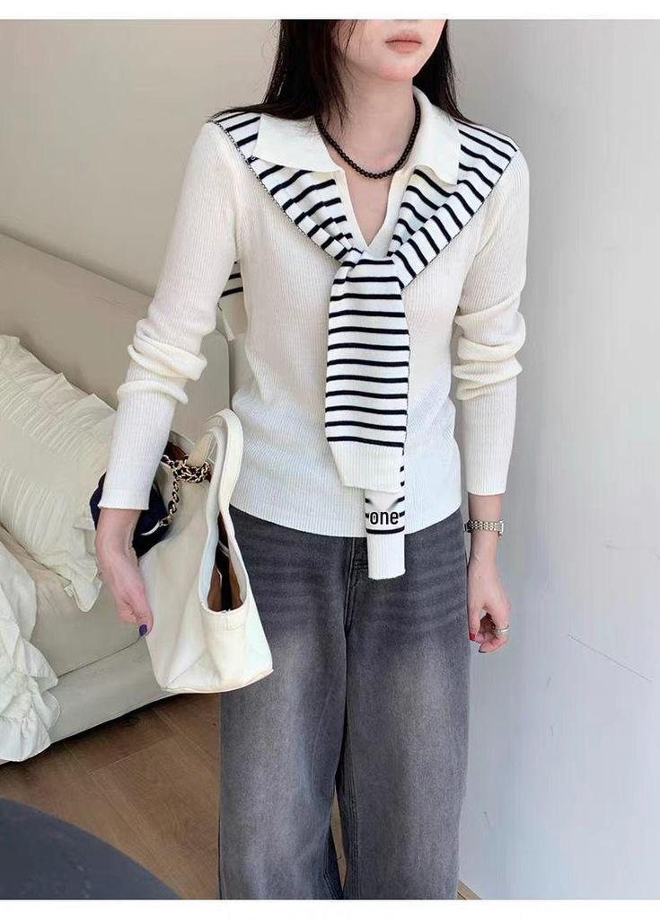 Women's Grey Striped Slim-Fit Long Sleeve Sweater, Autumn 2025 Collection