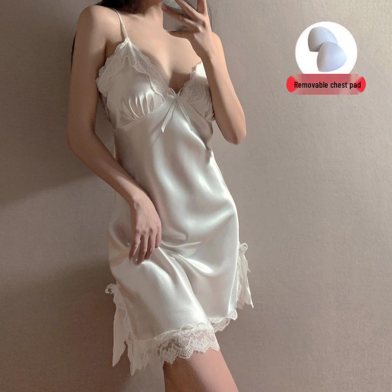 Sleek Ice Silk V-Neck Camisole Nightgown with Chest Pads - 2026 Summer Pure Desire Collection for Women