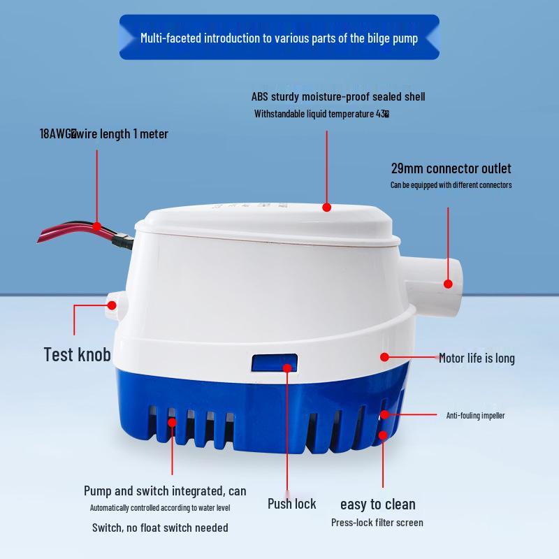 12V Automatic Marine Bilge Pump for Low Water Levels - Small DC Submersible Pump for Yachts and RVs