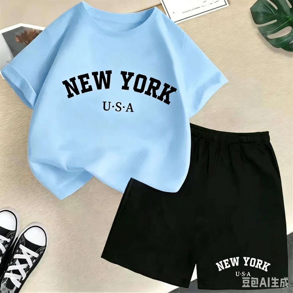 2026 New Kids Boys Girls New York Letter Pattern Polyester T-shirt+Shorts 2-Piece Set Casual Daily