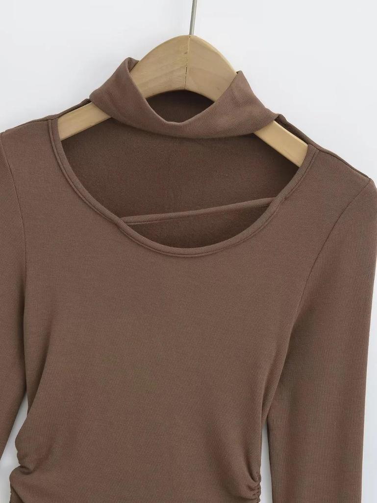 Women's Retro Halter Neck Long Sleeve Fleece Lined Top