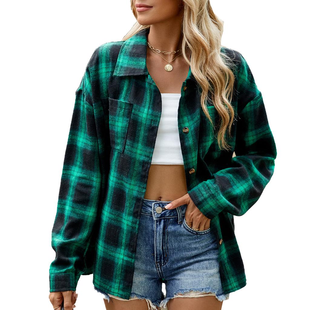Women's Lapel Long Sleeve Plaid Shirt Loose Fit Elegant Commuter Pocket Design Wrinkle Resistant 100% Rayon Casual Oversized Shirt Jacket