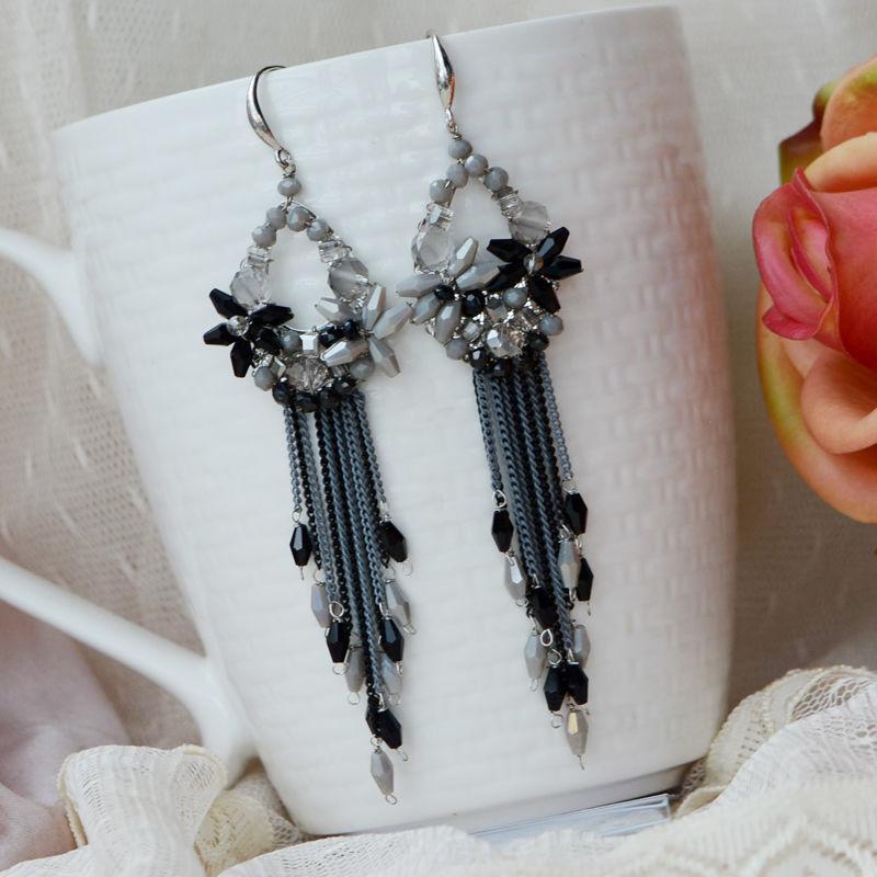 Boucles d'oreilles perlées Cristal Rondeur Chaîne à pompon Tricot à la main Bohème Alliage Mode Simple Boucles d'oreilles perles de riz