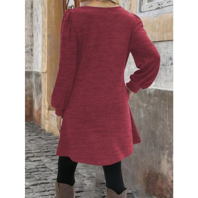 DAFIFY Women's Fashion Spring Fall Solid Color Print Long Sleeve O-Neck Loose Waistline Casual Dresses