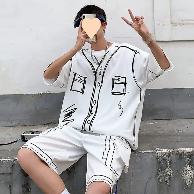 

Летний элегантный модный Harajuku Slim Fit Ropa Hombre свободный повседневный универсальный спортивный костюм Ice Shreds с коротким рукавом комплект из двух предметов XL белый