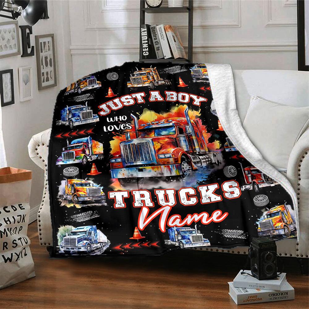 Just A Boy Who Loves Trucks Home Customize Your Name Blankets Comfortable Soft Lightweight Allseason Multipurpose Blanket For Picnics Sofas Offices