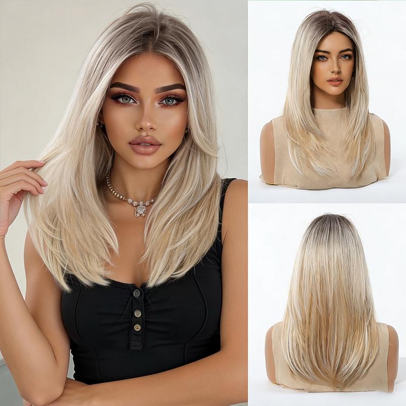 Women's Fashion Medium-Long Wig, Ash Blonde Side-Part Fringe High-Temperature Fiber Synthetic Hairpiece