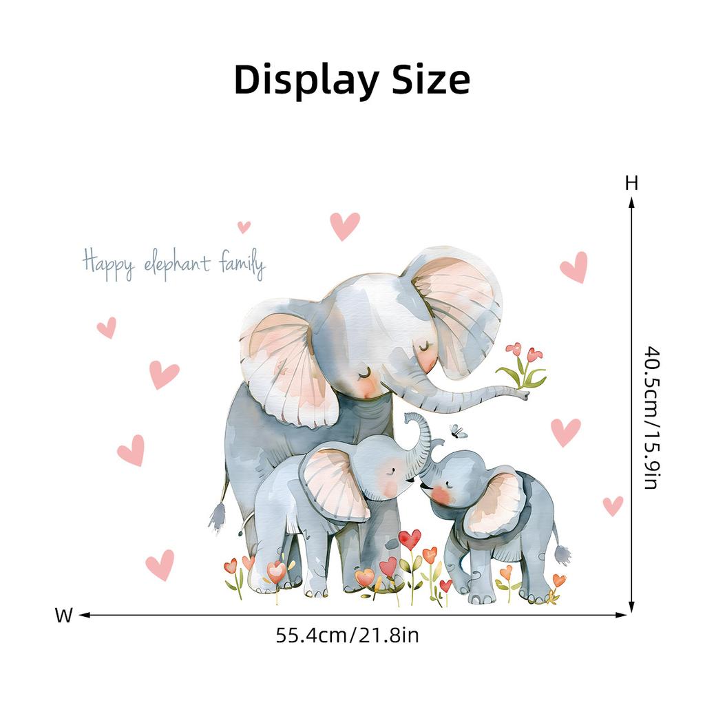 Cartoon Cute Elephant with Hearts and Flowers Wall Stickers, Self-Adhesive Decor for Kids Room Bedroom Decoration