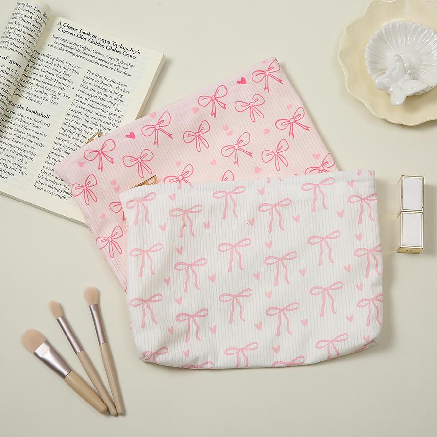 Bowknot Cherry Pattern Cosmetic Bag Corduroy Zipper Makeup Organizer Lightweight Travel Sweet Cosmetic Storage Bag For Women