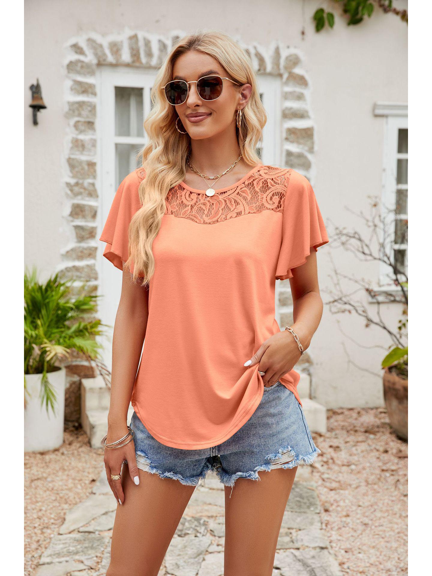 

Женская футболка 2024 года однотонная с сетчатыми вставками и оборками, с короткими рукавами Extra Large