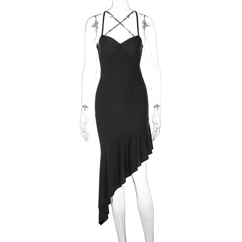 

Fashion Style Ins New Arrival Fashion Sexy Low-Cut off-Neck Halterneck Midi Dress Sexy Backless Spaghetti Straps Dress Black L