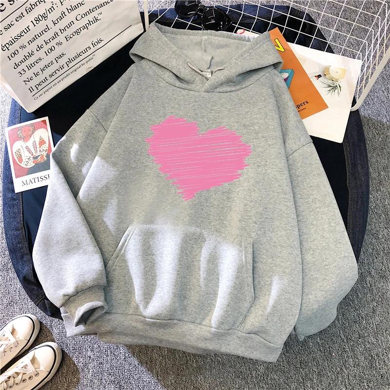 Pink Heart Printed Hoodie for Women Classic Hooded 2025 Autumn and Winter Hoodie Long Sleeve Female Causal Sporty Sweatshirts