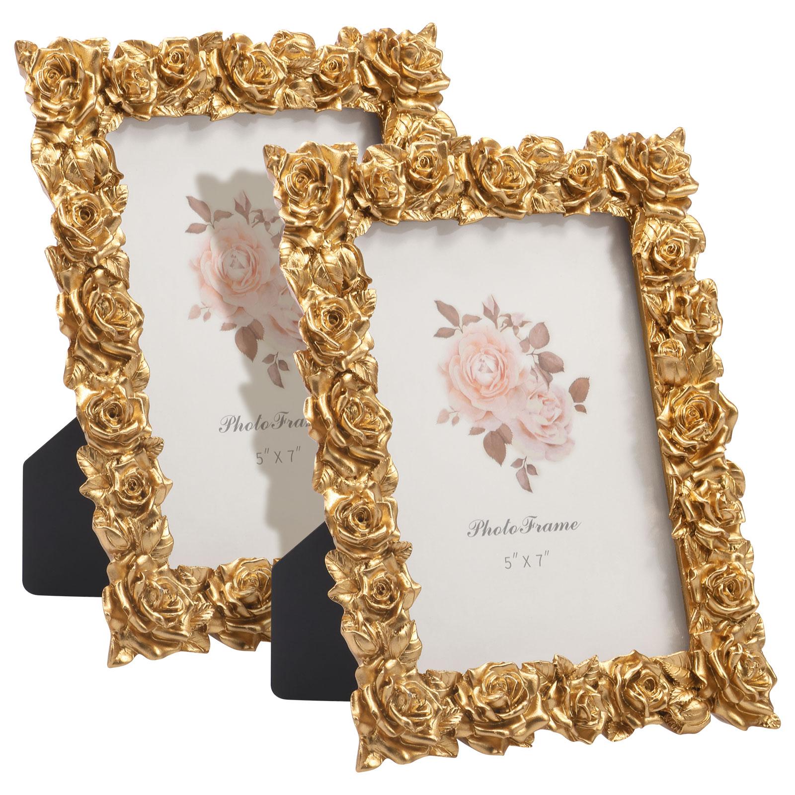 

2Pcs Antique Picture Frame 5 x7 Resin Flower Photo Frame Vintage Photo Frames with Glass Front Tabletop Ornament for Home Decor