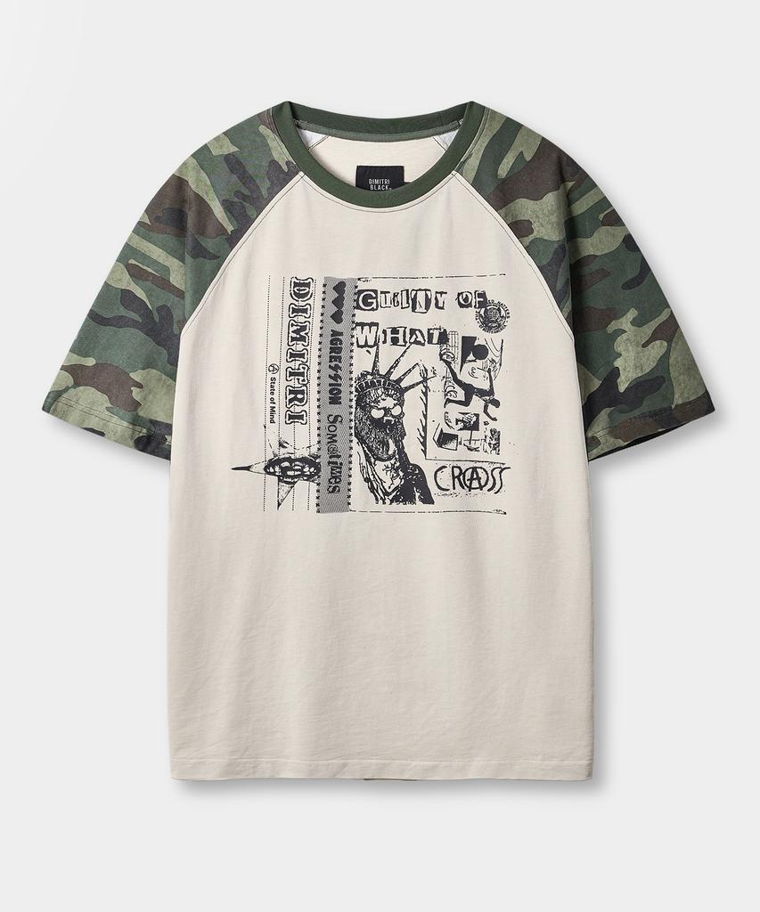 Dimiteulibeullaeg Raglan Color Block Pigment Artwork Short Sleeve T-Shirt_Ivory & Camo