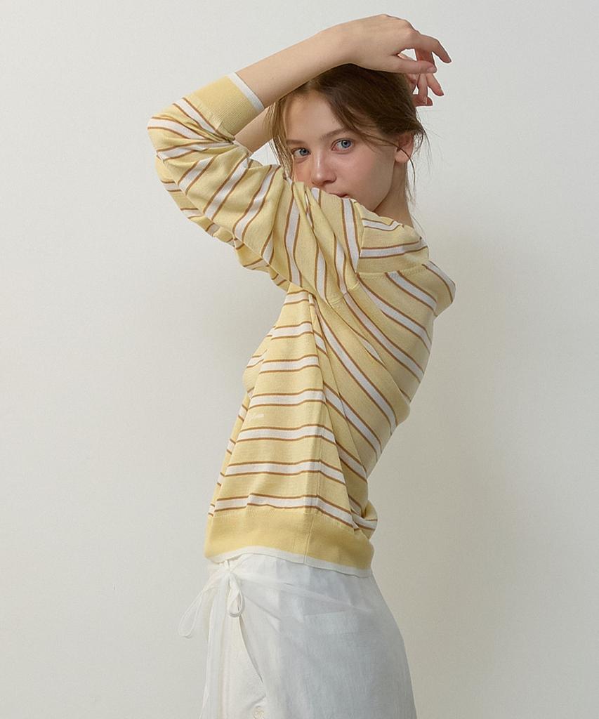 CITYBREEZE Linen V-Neck Striped Pullover Knit_Yellow