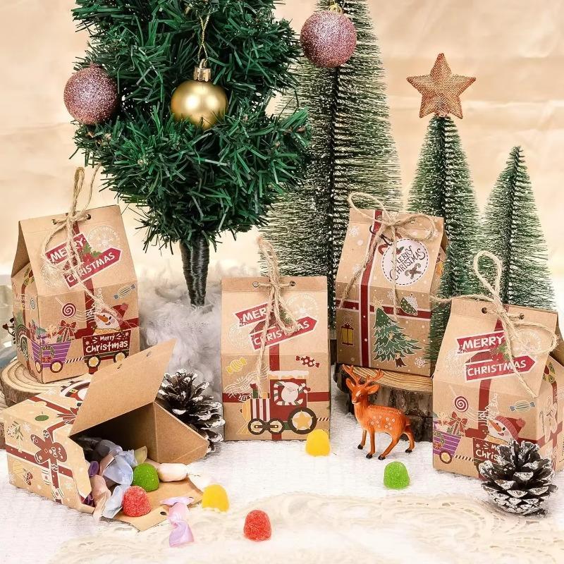 30/1PCS Christmas Kraft Paper Gift Bags Candy Cookie Snack Packaging Box Xmas New Year Party Home Decoration Wrapping Supplies