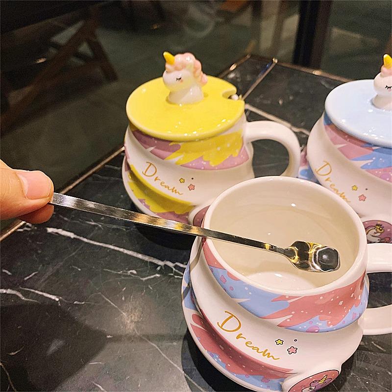 Ceramic Unicorn Mug - Rainbow Spiral Coffee Cup with Lid & Spoon, Cute for Girls