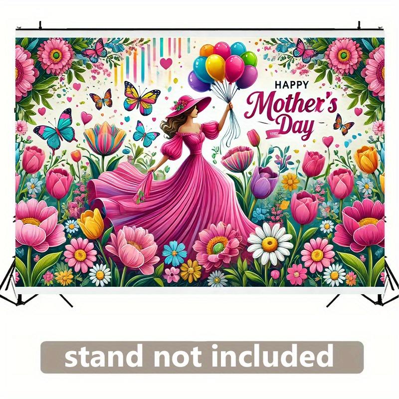 

Happy Mothers Day floral tapestry colorful butterflies balloons garden party banner outdoor fence decoration spring celebration 74x94cm(29x37in)