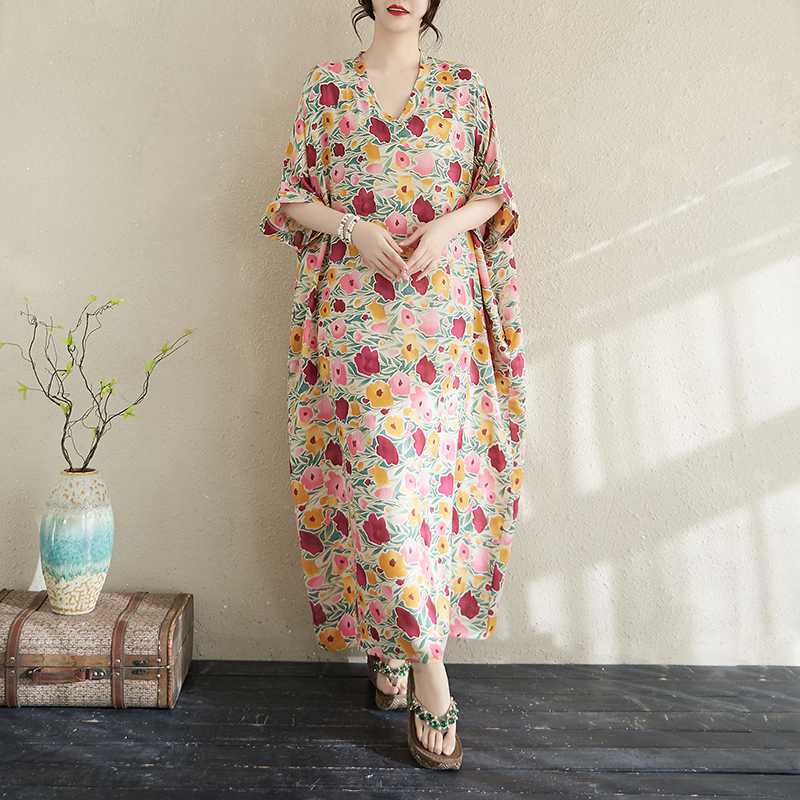 Real Shot Summer Color Vacation Style Travel  Retro Long Dress Covering Meat Cotton and Linen Dress