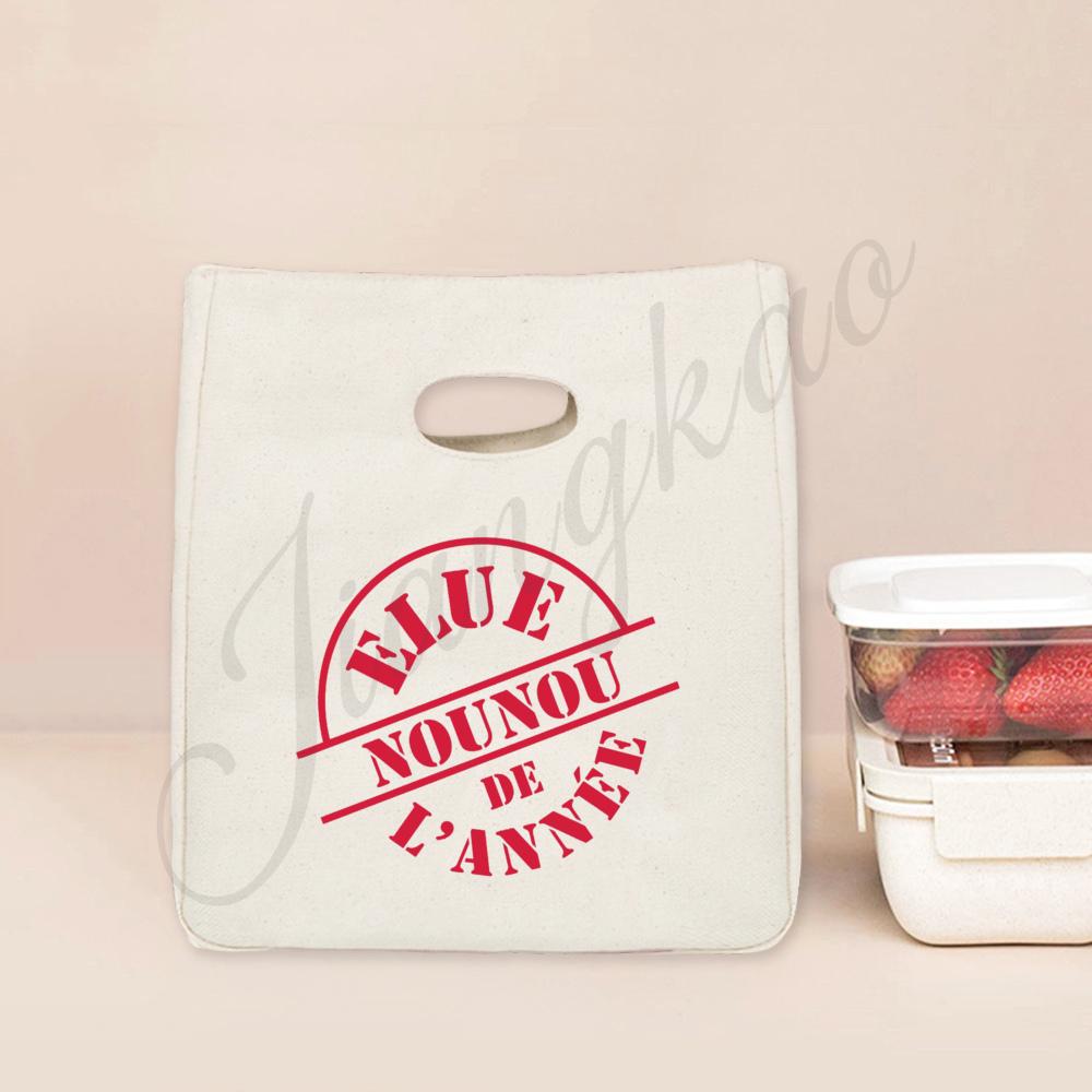 Beste Nanny der Welt Aufdruck Lunchtasche Tragbar Isoliert Canvas Kühltasche Bento Tasche Thermisch Lebensmittelaufbewahrungstaschen Geschenk für Nounou
