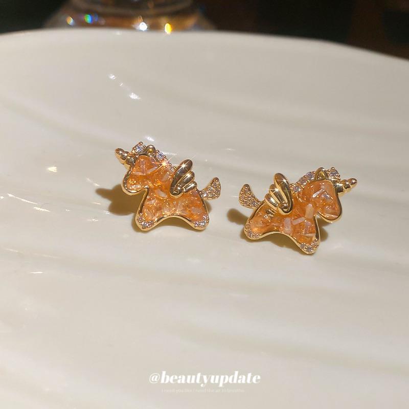 K real gold electroplated silver needle zircon pony crystal stud earrings light luxury high-end earrings natal year niche earrings