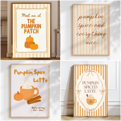 Impresión de Latte de Especias de Calabaza, Arte de Pared de Café de Otoño, Decoración Acogedora de Cocina de Otoño, Ilustración de Calabaza, Póster de Cafetería de Temporada, Arte de Pared