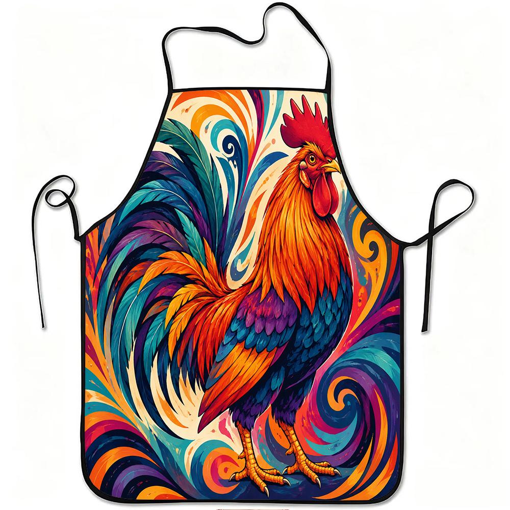 1pc Colorful Rooster Print Apron with Adjustable Waistband - Suitable for Cooking, Gardening, Picking, Christmas & Halloween - Durable Polyester Apron