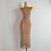 Western Style Slightly Transparent Sexy Lace-up Hanging Neck Knitted Dress Women Clothes Slim Fit Backless Tassel Split Suspender Dress