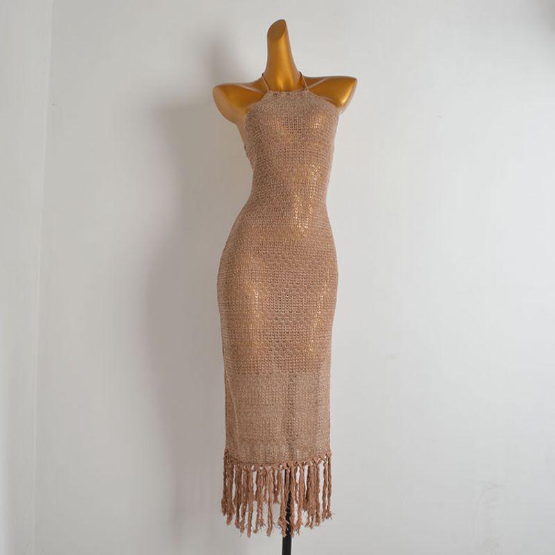 Western Style Slightly Transparent Sexy Lace-up Hanging Neck Knitted Dress Women Clothes Slim Fit Backless Tassel Split Suspender Dress