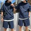 Summer Cargo Style Set Men's Casual Hooded Solid Short Sleeve T-shirt Shorts Loose Handsome Sweatshirt Suit