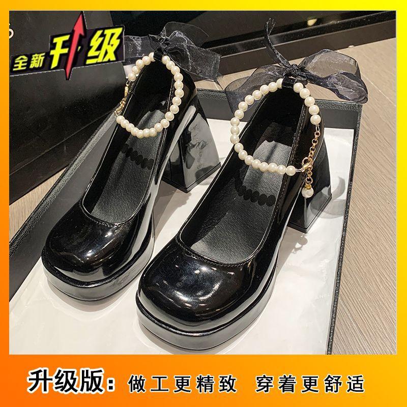 2025 Perlen Mary Janes Französische Nische Dicke Ferse Einzelne Schuhe Damen Schleife Hoher Absatz Damenschuhe Ein-Knopf-Schuhe