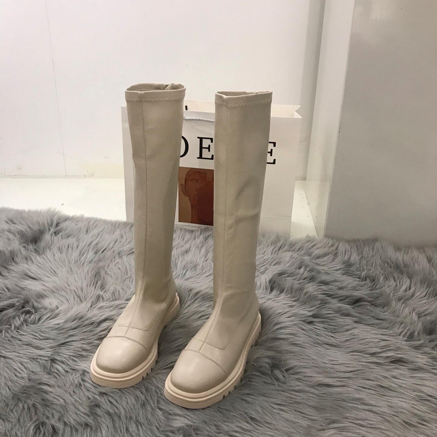 

Жіночі чоботи на платформі 2024 Зимове готичне взуття Довгі чоботи Жіночі модні чорні бежеві черевики до середини гомілки з круглим носком Чоботи для верхової їзди 39 білий