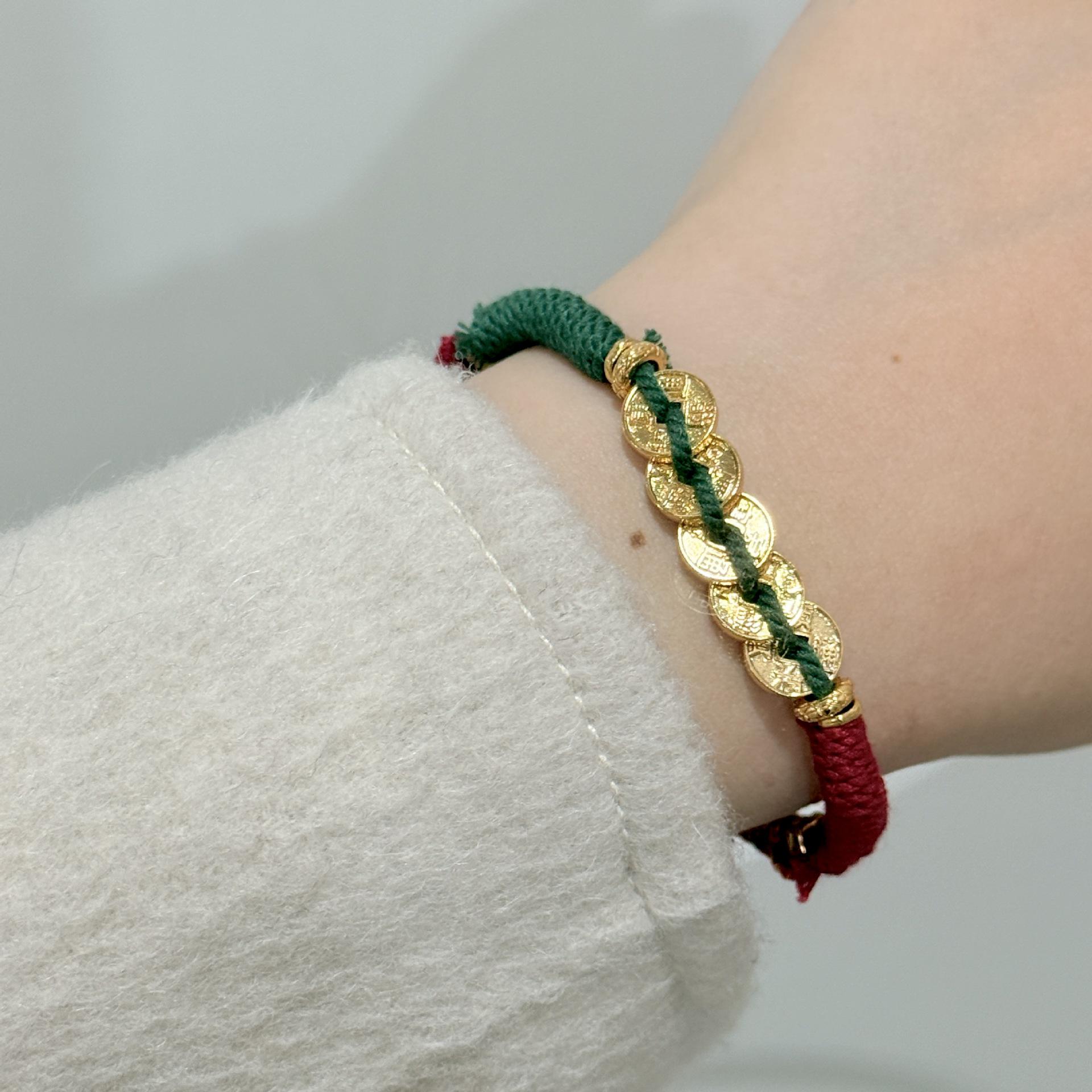 

Браслет в тибетском стиле с монетами Пяти Императоров и Пи Сю для женщин с плетеным шнуром