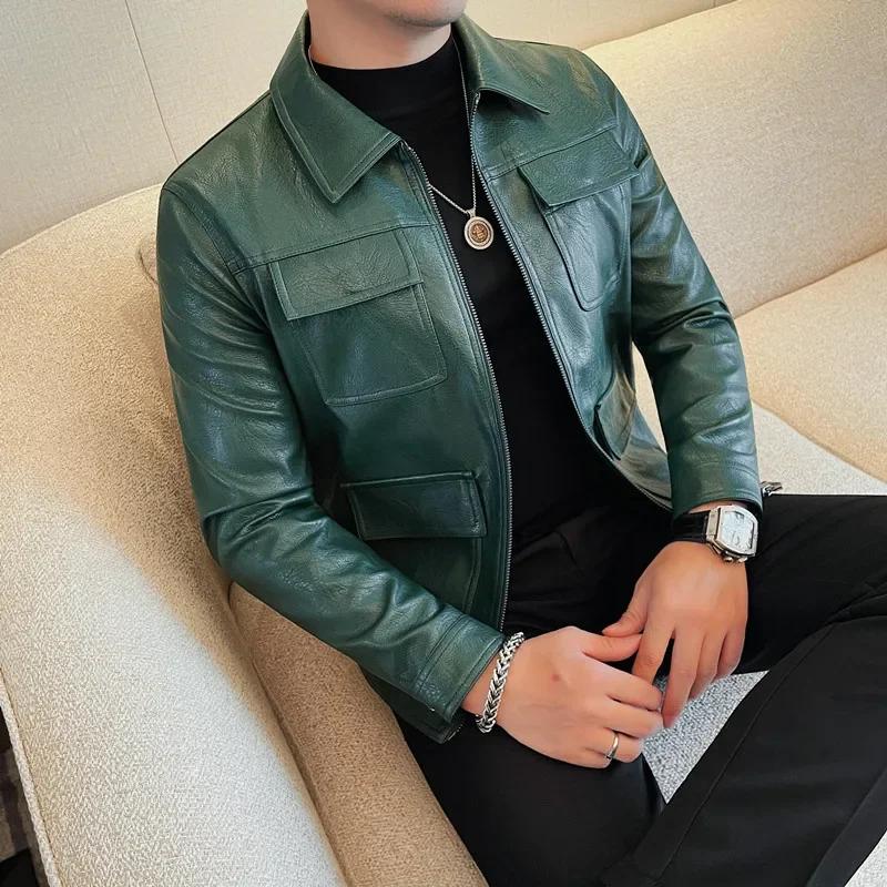 Autumn Winter Leather Jackets Men Fashion Lapel Motorcycle Jacket Casual Business Streetwear Social PU Leather Coats