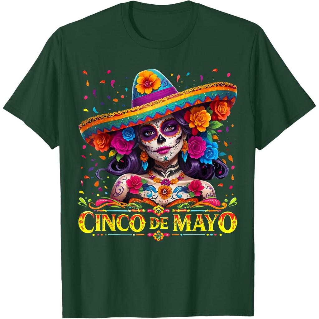 Cinco De Mayo Sugar Skull Women Sombrero Graphic T-Shirt Casual Cotton Tee