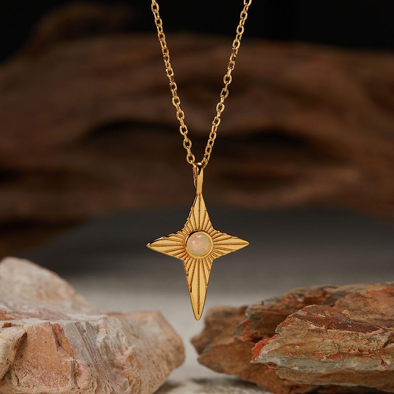 S925 Sterling Silver Inlaid Natural Opal Garnet Colored Treasure Necklace Female Design Star Cross Pendant