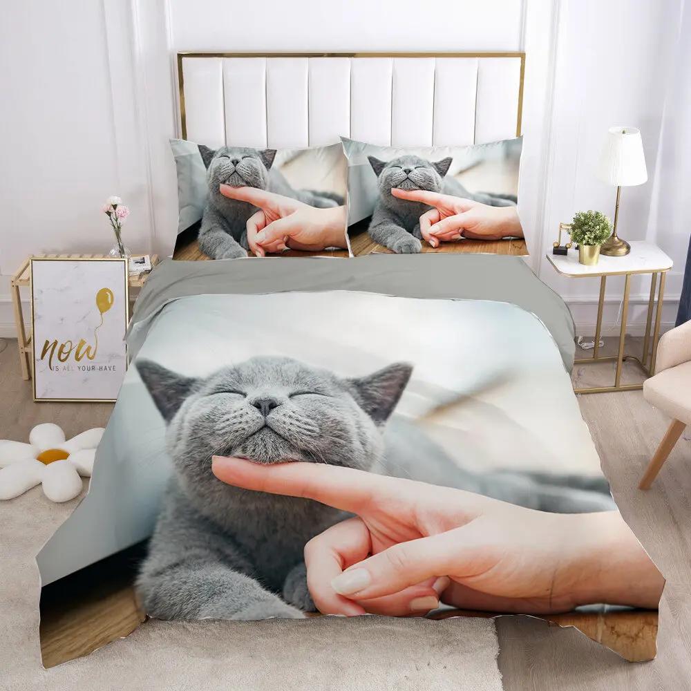 Cat Duvet Cover Set Lovely Animal Kitten Printed Quilt Cover Kids Teens Girl Animal Double Queen King Size Polyester Bedding Set