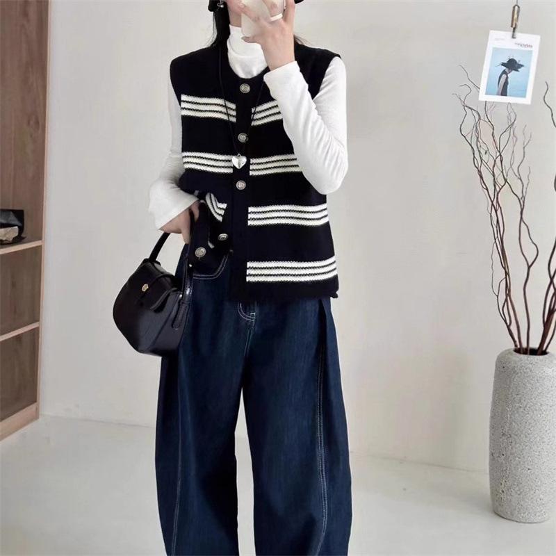 Striped Knitted Cardigan Vest Women's Spring and Autumn Loose Outer Wear Stacked Shirt Vest Sweater Vest Top