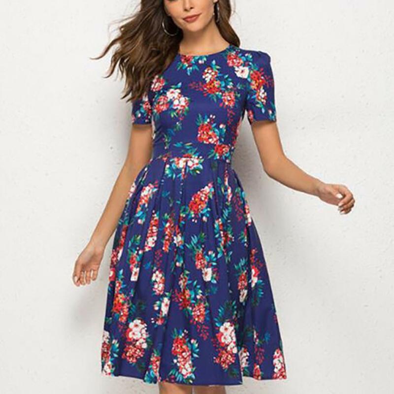 Summer Women Vintage A-line Dress Tunic With Long And Short Sleeve Floral Print