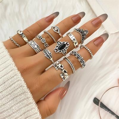 Conjunto de anéis vintage para mulheres estrela lua elefante caveira anel geométrico torcido hip hop joias