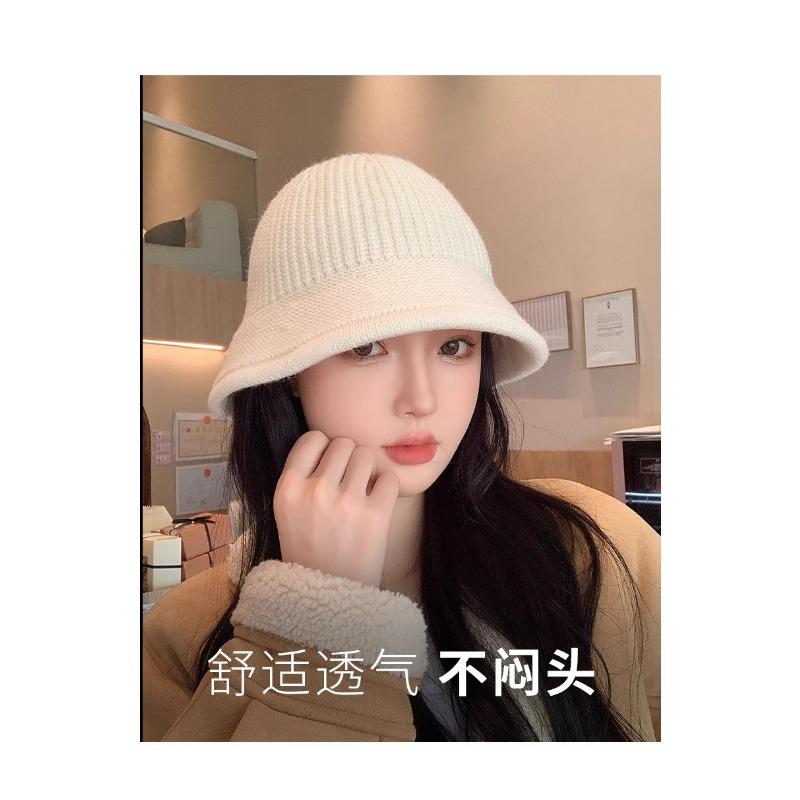 Women S Solid Knit Bucket Hat Korean Style Versatile Face Slimming Winter Hat