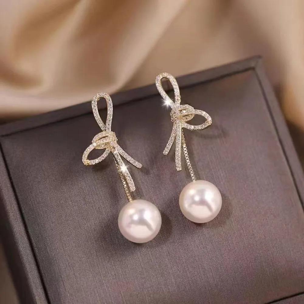 Sweet Temperament Shining Zircon Bow Imitation Pearl Stud Earrings for Women Charm Bride Wedding Engagement Jewelry Accessories