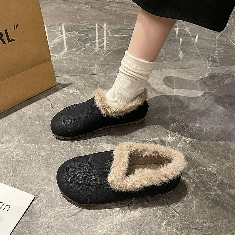 Fleece One-pedal Non-slip and Warm Doudou Cotton Shoes Retro Casual Soft-soled Fluffy Shoes Women's 2025 Autumn and Winter New Models