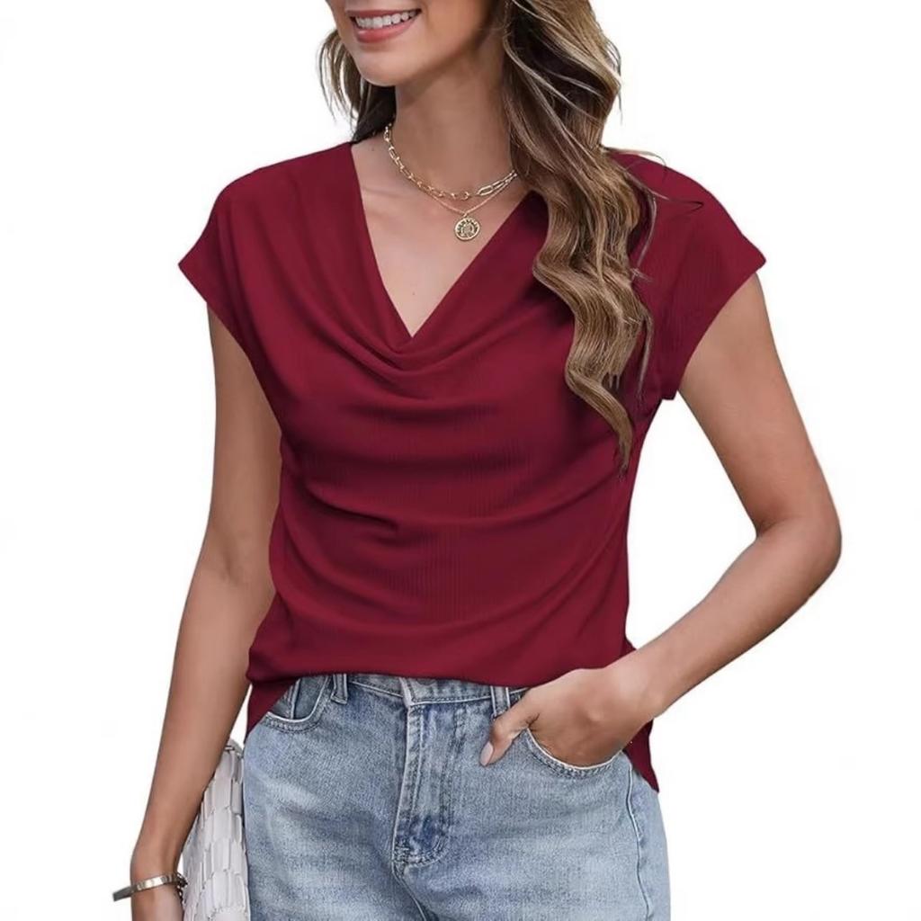 Summer Spring Fashion Women's Solid Color Short Sleeve Slouchy Neck Casual Tops