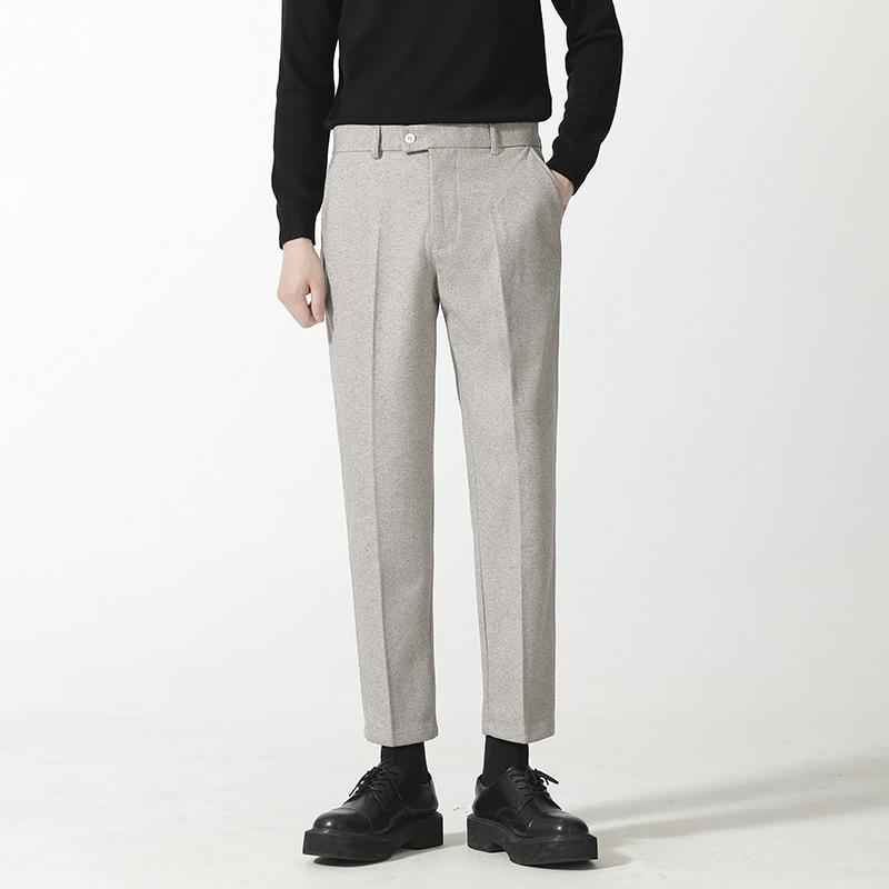 Men’s Casual Woolen Nine-Point Trousers - Autumn Business Loose Fit, Solid Color, Trendy Design.