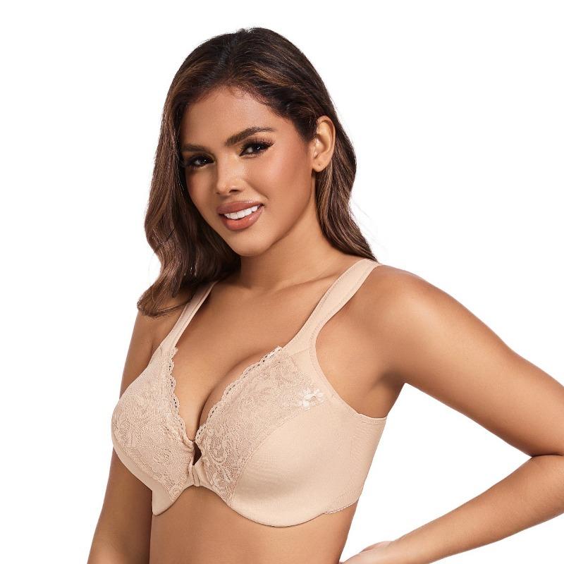 Plus Size Women's Thin Close Knit Sexy Lace with Underwire Adjustable Front Button Bra