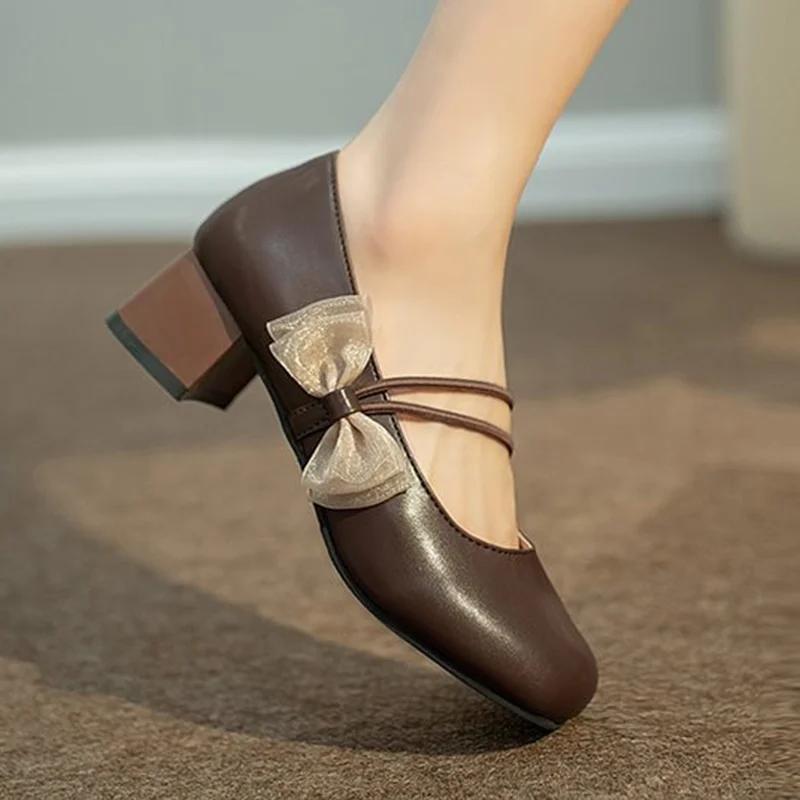Fashion Square Toe Women Mary Janes Shoes Mid Heels Bow Elegant Woman Pumps 2025 Trend Brand Fashion Lolita Sandals Women’s Zapatillas