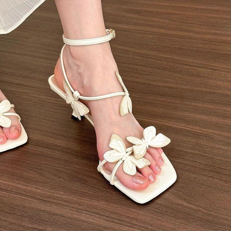 Fashion Womens French Butterfly Open-toed High Heel Sandals Womens Fashion Versatile Outdoor Leisure Medium Heel Sandals Sandalias Mujer